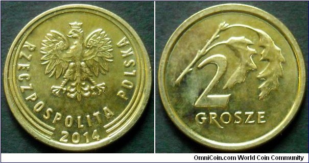 Poland 2 grosze.
2014, Brass plated steel. Struck at Royal Mint (Llantrisant UK)