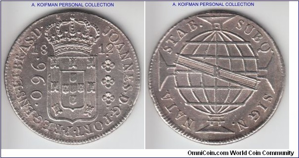 KM-307.3, 1812 Brazil 960 reis, Rio mint (R mintmark); silver, corded edge; scarcer year, high grade and detail, but look too bright, may have been diped, an area on obverse may have been corroded in the past.