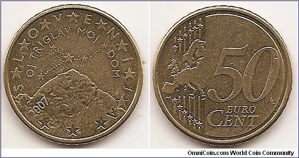 50 Euro cent
KM#73
7.8000 g., Brass, 24.25 mm. Obv: Triglav is the highest and most sacred mountain in Slovenia. The coin also features the inscription 'OJ TRIGLAV MOJ DOM' (O Triglav, my home) and the constellation Cancer (Slovenia achieved independence under the zodiac sign Cancer) Rev: Relief map of Western Europe, stars, line and value Edge: Reeded Obv. designer: Miljenko Licul, Maja Licul and Janez Boljka Rev. designer: Luc Luycx