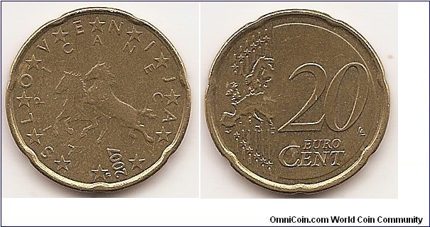 20 Euro cent
KM#72
5.7400 g., Brass, 22.25 mm. Obv: Two Lipizzaner horses prancing left Obv. Legend: SLOVENIJA, star between each letter Rev: Relief map of Western Europe, stars, line and value Edge: Notched Obv. designer: Miljenko Licul, Maja Licul and Janez Boljka Rev. designer: Luc Luycx