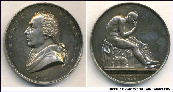 1858 UK Thomas Banks, Art-Union of London Medal by Leonard Charles Wyon. Silver: 55MM./91.7 gms. Only 32 medal in silver were issued.
Obv: Portrait of Thomas Banks to left. Legend THOMAS BANKS R: A: Signed L.C.WYON F. Rev: Shows a nude Hindu seated on a pedestal, part of the decoration of the tomb of Sir Erye Coote in Westminster Abbey. Exergue: T:BANK: R:A: ART-UNION OF LONDON 1858. Signed L.C.WYON F.