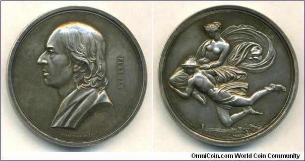 1854 UK John Flaxman, Art-Union of London Medal by Henry Weigall. Silver 55MM./90.4  gms Only 30 medals were awarded in silver.
Obv: Portrait of John Flexman (1755-1826) to left. Legend FLAXMAN. Signed HENRY WEIGALL. Rev: Shows Flaxman's Mercury and Pandora. Pandora was the image of a perfect, beautiful women. It is belived that the Zeus appointed Hephaestus to create her. She was formed from earth and water and arose naked. Pandora was flown to earth by Mercury. Only 30 medal was awarded in silver. The medal intended to issue 1847 but due several delays was issued 1854   Edge inscription 
