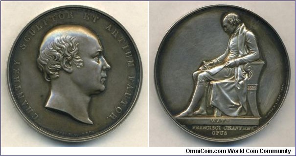 1846 UK Sir Francis Chantrey, Art-Union of London Medal by William Wyon. Silver: 55MM./75.1 gms. Only 30 silver medals were awarded.
Obv:  Portrait  of Sir Francis Chantrey to right. Legend CHANTREY SCULPTOR ET ARTIUM FAUTOR. Rev:  Shows Chantrey's memorial to James Watt seated on a plinth in the Hansworth Parish Church. Record show that it was intended to be issued in 1843 but was delayed because of manufacturing difficulties. Edge inscription: 'ART-UNION OF LONDON 1843. Only 30 silver medals were awarded.
