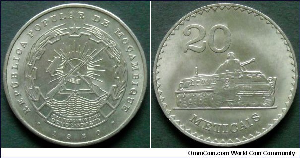 Mozambique 20 meticais.
1980, Two types of soviet armor weapons are visibles on this coin. BTR 60 BT eight wheeled armoured personnel carier on reverse and AK-47 assault rifle in the shield of Mozambique on obverse. 