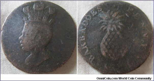 1788 Barbados penny, obverse 2 reverse B, very worn