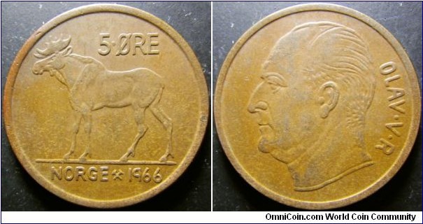 Norway 1966 5 ore. Interesting moouse. Weight: 8.04g. 