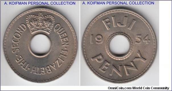 KM-21, 1954 Fiji penny; copper-nickel, plain edge; bright uncirculated specimen.