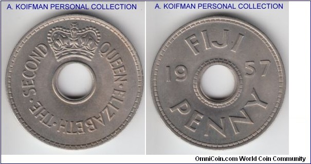 KM-21, 1957 Fiji penny; copper-nickel, plain edge; somewhat dull in color but still bright uncirculated.
