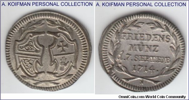 KM-Pn5, 1714 German State (Schwabian) Hall 1/4 ducat silver pattern, N mint mark for George Frederick Nurnberger; silver, plain edge, rolled flan, slightly concave; not a very rear piece, well described and known, dedicated to the 