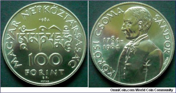 Hungary 100 forint.
1984, Sandor Korosi Csoma (1784-1842)
Cu-ni-zn. Weight; 12g. Diameter; 32,1mm.
Mintage: 20.000 pieces.