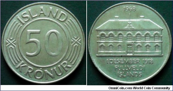 Iceland 50 kronur.
1968, 50th Anniversary of Sovereignty.