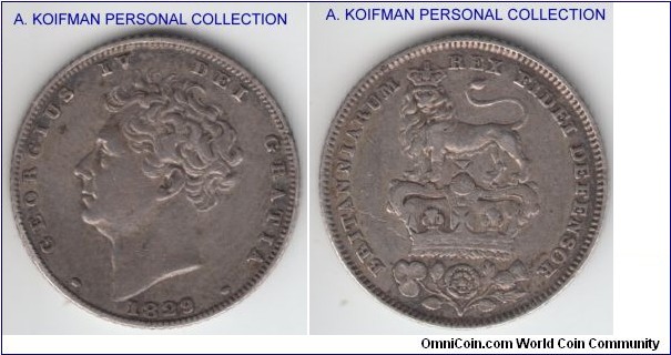 KM-698, 1829 Great Britain 6 pence; silver, reeded edge; darker, grey metal specimen, very fine or about.