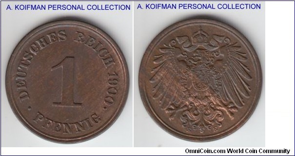 KM-10, 1900 Germany (Empire) pfennig, Muldenhutten mint (E mint mark); copper, plain edge; uncirculated, some very faint hints of red remaining, scarcer mint.