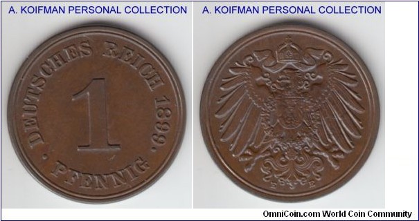 KM-10, 1899 Germany (Empire) pfennig, Muldenhutten mint (E mint mark); copper, plain edge; chocolate brown with some blue undertones, uncirculated, scarcer mint.