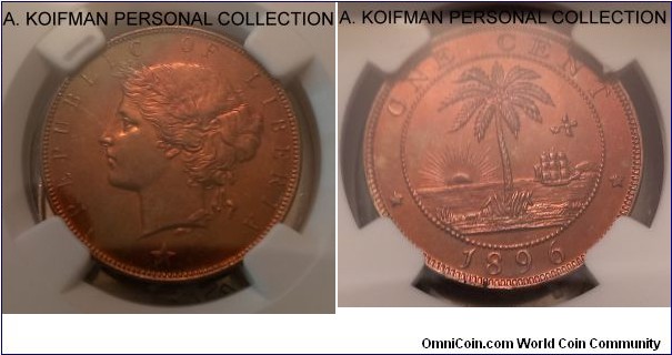 KM-5, 1896 Liberia, Heaton mint (H mintmark), bronze, plain edge; NGC graded MS 66 RB, scarcer grade.