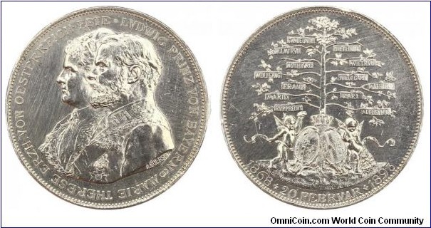 1893 German Bayern Leopold & Maria 25th Wedding Anniversary Medal by A. Borsch Fecit. Silver: 41MM./34.86 gms.
Obv: Conjoined bust of Prince Ludwig Leopold Joseph & Austria Archduchess Marir Therese to right. Legend LVDWIG PRINZ VON BAYERN oo MARIE THERESE ERZH.VON OESTERREICH- ESTE.  Signed A. BOERSCH.  Rev:  Tree with name-banners on branches. Supported by 2 cupids below on each side with two shields & Crown. Legend 1868*20. FEBRVAR*1893.

