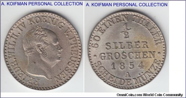 KM-461, 1854 German States Prussia 1/2 silber groschen, Berlin mint (A mint mark); silver, plain edge; good uncirculated specimen, pretty high valuation for such a small coin, must be scarce.