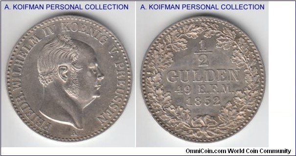 KM-4, 1852 German States Hohenzollern under Prussia 1/2 gulden, Belin mint (A mint mark); silver, vertically indented edge; short one year series for this principality ruled by Prussia, about uncirculated, but looks to have been wiped in the past.