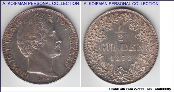 KM-794, 1838 German States Bavaria (Bayern) half gulden; silver, vertically indented edge; good extra fine to about uncirculated, darker patina.