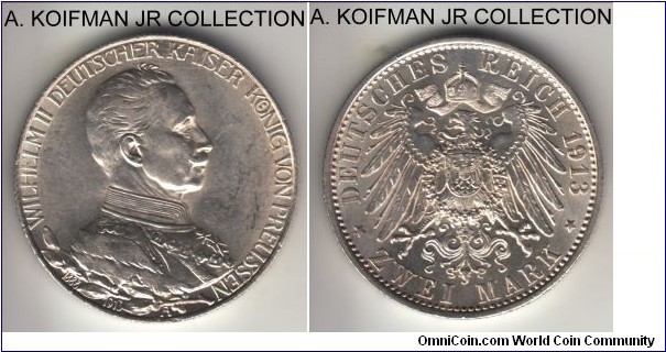 KM-533, 1913 German States Prussia 2 mark, Berlin mint (A mint mark); silver, reeded edge; Wilhelm II, 25'th anniversary of the reign circulation commemorative, bright uncirculated.