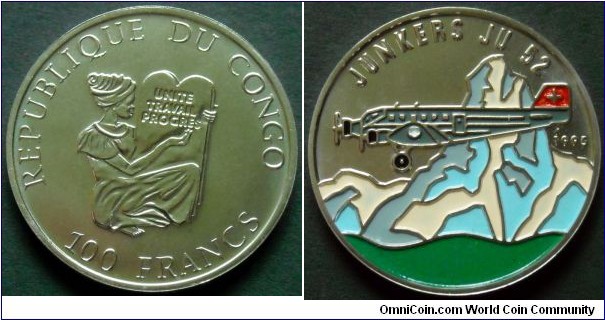 Republic of Congo 100 francs CFA.
1995, Junkers Ju 52 German trimotor transport aircraft using during the WW II and after till to the '80.
Colorized.
Weight; 12,7g.
Diameter; 32,7mm.
Mintage: 25.000 pieces. 