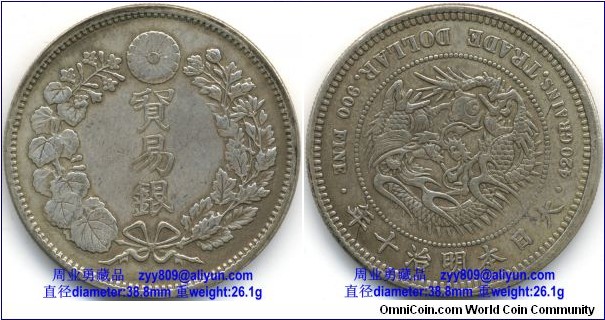 1877 Japan’s Dragon Silver Trade Dollar Coin. Obverse: [Kanji or Japanese ideograph] Silver Trade Dollar, circled with a wreath of sakura or Japanese cherry); Reverse: 420 GRAINS. TRADE DOLLAR. 900 FINE. /[Kanji or Japanese ideograph] 10th Year of Meiji, Japan. -spiral on pearl with a dragon in curling in clockwise direction from the center.大日本明治十年贸易银币