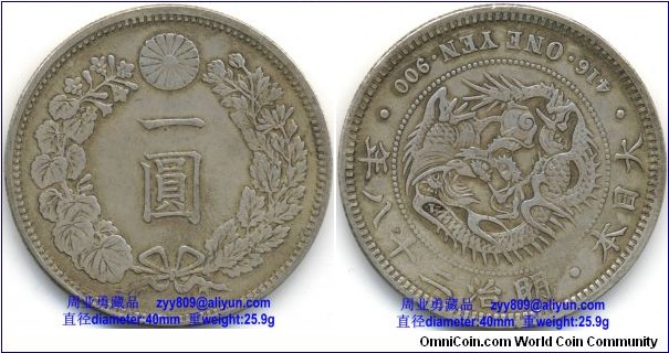 1895 Japan’s 1 Yen Dragon Silver Coin. Obverse: [Kanji or Japanese ideograph] One Yen, circled with a wreath of sakura or Japanese cherry); Reverse: 416. ONE YEN. 900 /[Kanji or Japanese ideograph] 28th Year of Meiji. Japan. -spiral on pearl with a dragon in curling in clockwise direction from the center.大日本明治二十八年一圆银币