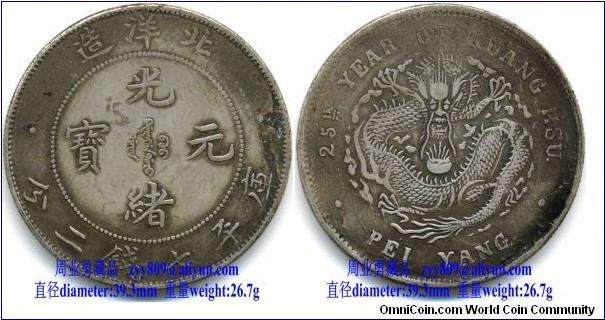 1899 China's Ching Dynasty Kuang Hsu Yuan Pao Silver Coin 7 MACE 2 CANDAREENS minted by Pei Yang Mint in 25th Year of Kuang Hsu, Obverse: Chinese characters “光绪元宝” (Kuang Hsu Yuan Pao) in central circle, encircled with “北洋造” (minted by Pei Yang Mint) on top and value” 库平七钱二分” ( 7 Mace 2 Candareens) outside circle; Reverse: seated dragon in center encircled with English words “25th YEAR OF KUANG HSU” above and “PEI YANG” beneath. 1899年北洋造二十五年光绪元宝库平七钱二分银币