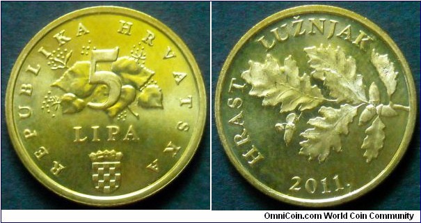 Croatia 5 lipa.
2011, Brass plated steel. Weight; 2,5g.
Diameter; 18mm.
Mintage: 19.000.000 pieces.
