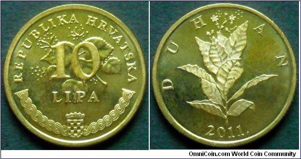 Croatia 10 lipa.
2011, Brass plated steel.
Weight; 3,25g.
Diameter; 20mm.
Mintage; 33.000.000 pieces.
