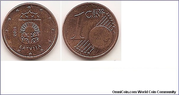 1 Euro cent
KM#150
2.3 g., Copper Plated Steel, 16.25 mm. Obv: features the small coat of arms of the Republic of Latvia, with the year 2014 on the left and the inscription LATVIJA beneath it. The coin's outer ring bears the 12 stars of the European Union. Rev: shows Europe in relation to Africa and Asia on a globe; it also features the numeral 1 and the inscription EURO CENT. Edge: Plain Obv. designer: Laimonis Šēnbergs and Jānis Strupulis Rev. designer: Luc Luycx
