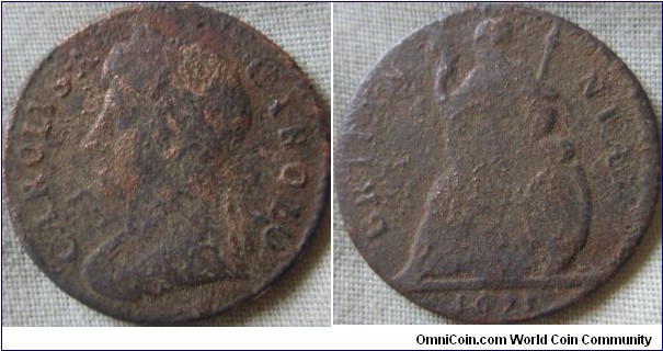 1675 farthing, clear detail but a bit of ground damage