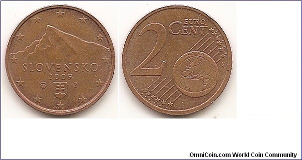 2 Euro cent
KM#96
3,06 g., Copper Plated Steel, 18.75 mm. Obv: feature the Tatra Mountains’ peak, Kriváň, a symbol of the sovereignty of the Slovak nation, and the national emblem of Slovakia. The coin's outer ring bears the 12 stars of the European Union. Rev: shows Europe in relation to Africa and Asia on a globe; it also features the numeral 2 and the inscription EURO CENT. Edge: Grooved Obv. designer: Drahomír Zobek Rev. designer: Luc Luycx