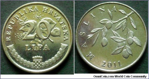 Croatia 20 lipa.
2011, Nickel plated steel.
Weight; 2,9g.
Diameter; 18,5mm.
Mintage: 12.000.000 pieces.