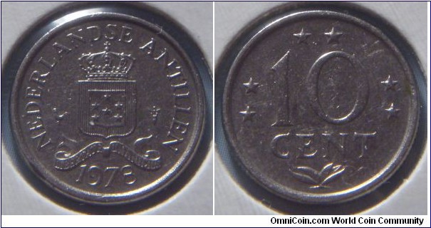 Netherlands Antilles | 
10 Cent, 1978 | 
16 mm, 2 gr. | 
Nickel | 

Obverse: National Coat of Arms, date below | 
Lettering: NEDERLANDSE ANTILLEN 1978 | 

Reverse: Six stars representing the six islands federation, denomination centre | 
Lettering: ** ** ** 10 CENT |