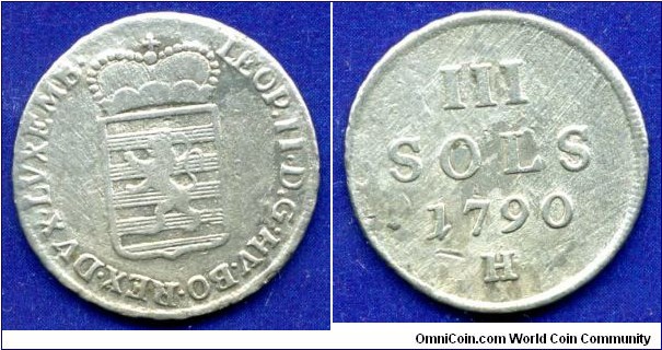 3 sols.
Leopold II (1790-1792) Emperor of Holy Roman Empire.
*H* Gunzburg mint.


Ag389f. 2,49g.