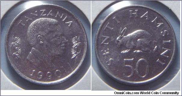 Tanzania | 
50 Senti, 1990 | 
20.9 mm, 4 gr. | 
Nickel clad Steel | 

Obverse: Second president, Ali Hassan Mwinyi, facing right flanked by flowers, date below | 
Lettering: TANZANIA 1990 | 

Reverse: Rabbit facing left, denomination below | 
Lettering: SENTI HAMSINI 50 |