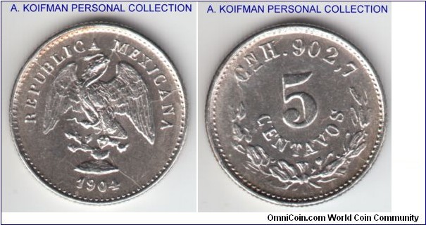 KM-400, 1904 Mexico 5 centavos, Culiacan mint (CnH mintmark); silver, reeded edge; nice bright uncirculated.