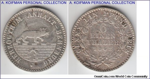 KM-87, 1862 German States Anhalt-Barnburg 1/6 thaler, Belin mint (A mint mark); silver, GOT ~*~ SEGNE ~*~ ANHALT ~*~ on edge; fine plus to very fine, cleaned and edge mount removed, mintage 60,000.