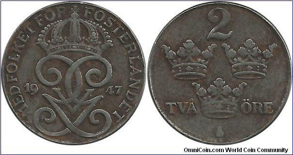 Sweden 2 Öre 1947 (Fe)