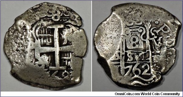 Spanish colonial, Bolivia, Charles III, silver cob 8 reales, Potosi mint, assayer: V/Y.