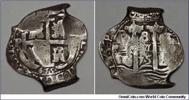 Spanish colonial, Bolivia, Charles II, Silver cob 8 Reales, Potosi mint. Assayer: E. 26.21g, ca. 37.09mm, Silver. Two clear dates. Ex. Dr. Charles L. Ruby collection.