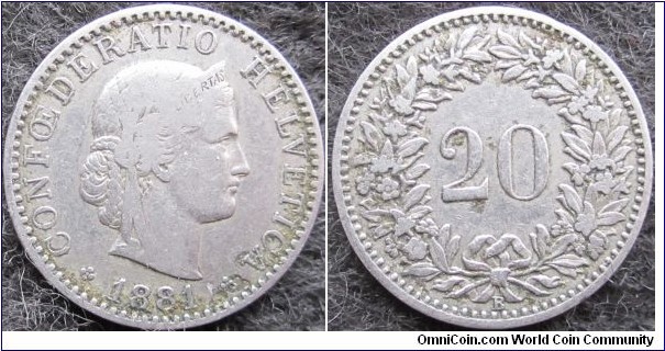 28Ni Swiss 20 Rappen. Although Nickel is found in coin alloys since antiquity, this is the first coin made of pure nickel. (JM12)