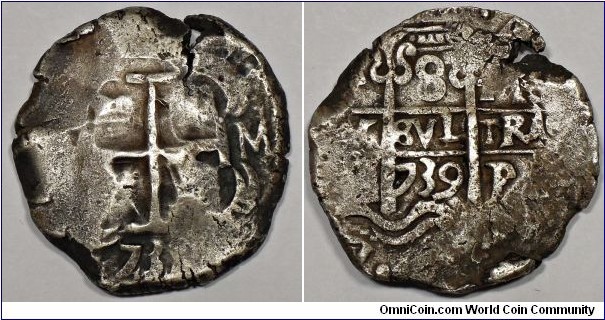 Spanish colonial, Bolivia, Philip V, silver cob 8 reales, 1739. 26.05g, 31.42mm~32.55mm, silver. Two dates. Full pillars with bold date, bold full cross with second date below. Potosi P mint mark. Assayer M.