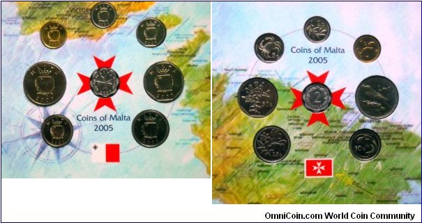 Coins of Malta 2005.
2 mils, 1 cent, 5 cents and 50 cents coins was issued for sets only.