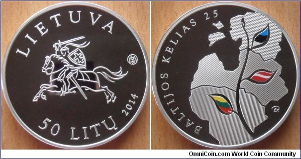 50 Litas - 25 years of Baltic way - 28.28 g 0.925 silver Proof - mintage 4,000