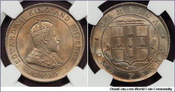 KM-23, 1905 Jamaica penny; copper-nickel, plain edge; bright and lustrous specimen, NGC assigned MS 65 grade, small mintage of just 48,000.