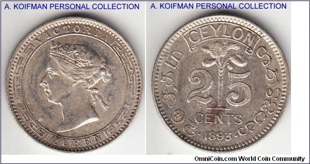KM-95, 1893 Ceylon 25 cents; silver, reeded edge; extra fine or so, quite bright but possibly lightly cleaned.