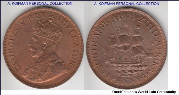 KM-14.1, 1923 South Africa penny; bronze, plain edge; red almost uncirculated or weakly struck uncirculated, mintage 91,000, usually these coins were blackened at mint, this one is either an exception or washed off blackening.