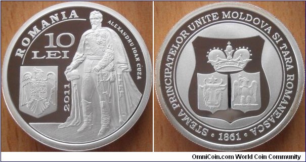 10 lei - 150 years of the coat of arms of principalties of Moldova and Wallachia - 31.1 g 0.999 silver Proof - mintage 500 pcs only